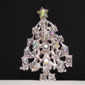 Silver Aurora Borealis Rhinestone Christmas Tree Brooch 1960s Vintage